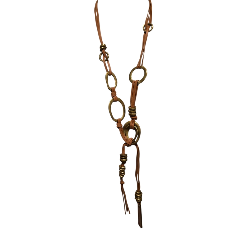 Chico's Black Label NWT Western Boho Leather & Brass Necklace
